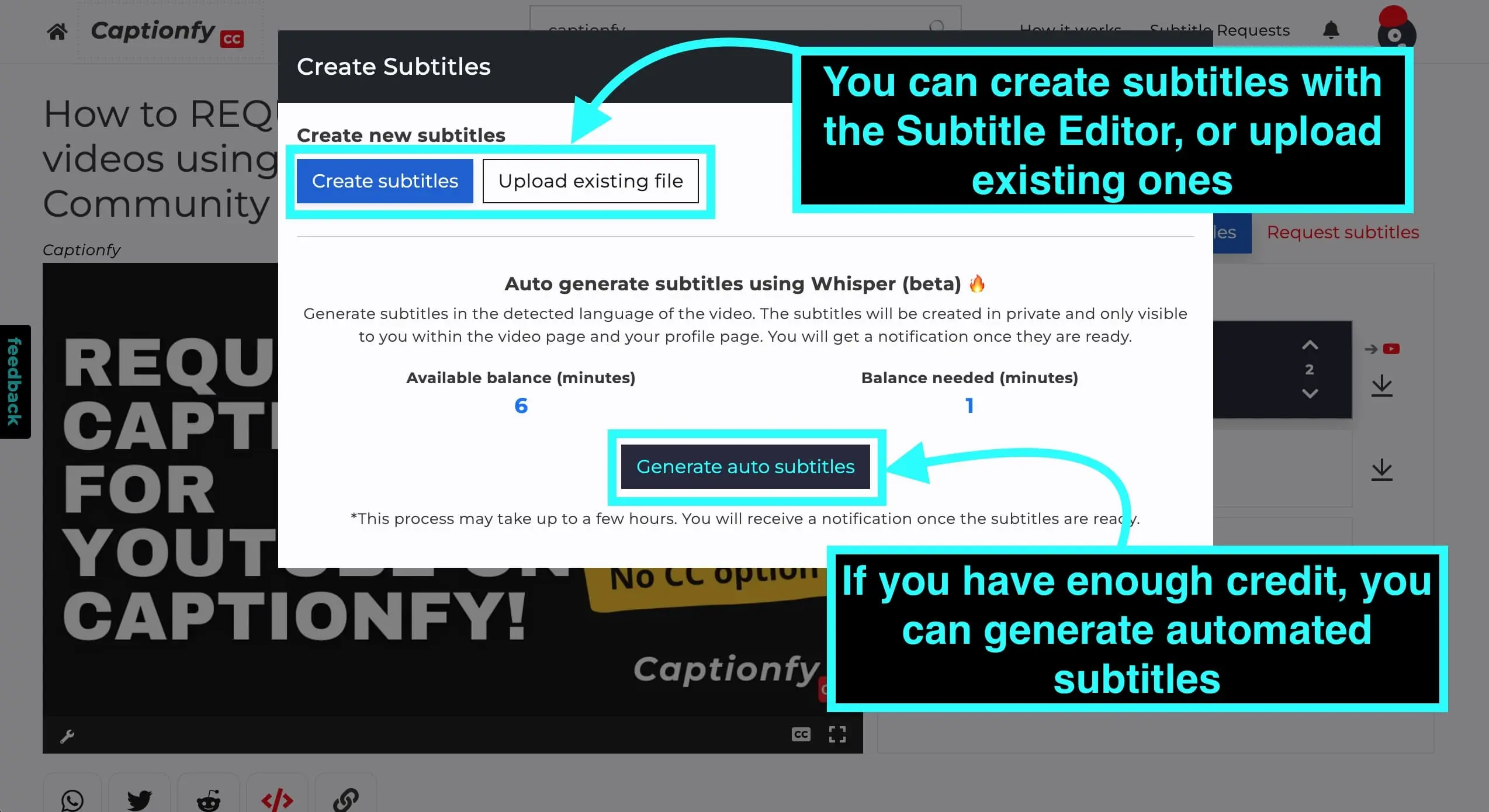Captionfy create subtitles options